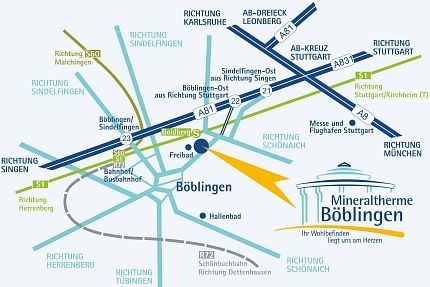Karte des Straßennetzes rund um die Mineraltherme Böblingen