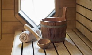 Aufgusseimer mit Kelle und Handtuch Finnische Sauna klein